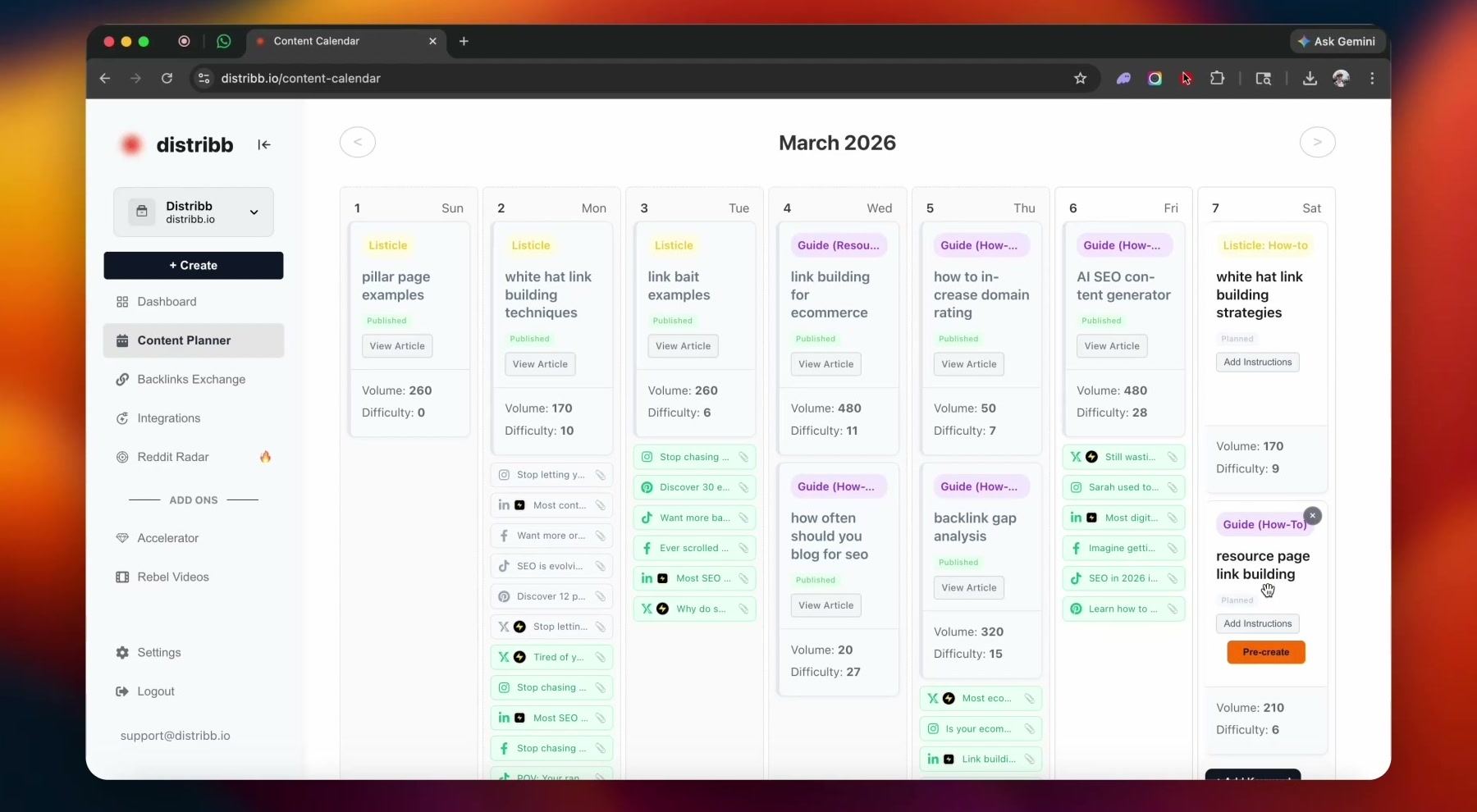 Distribb content calendar