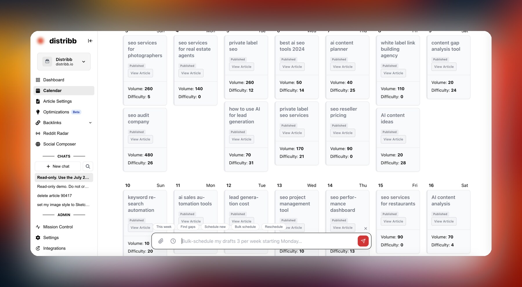 Distribb content calendar showing published SEO articles with search volume and keyword difficulty