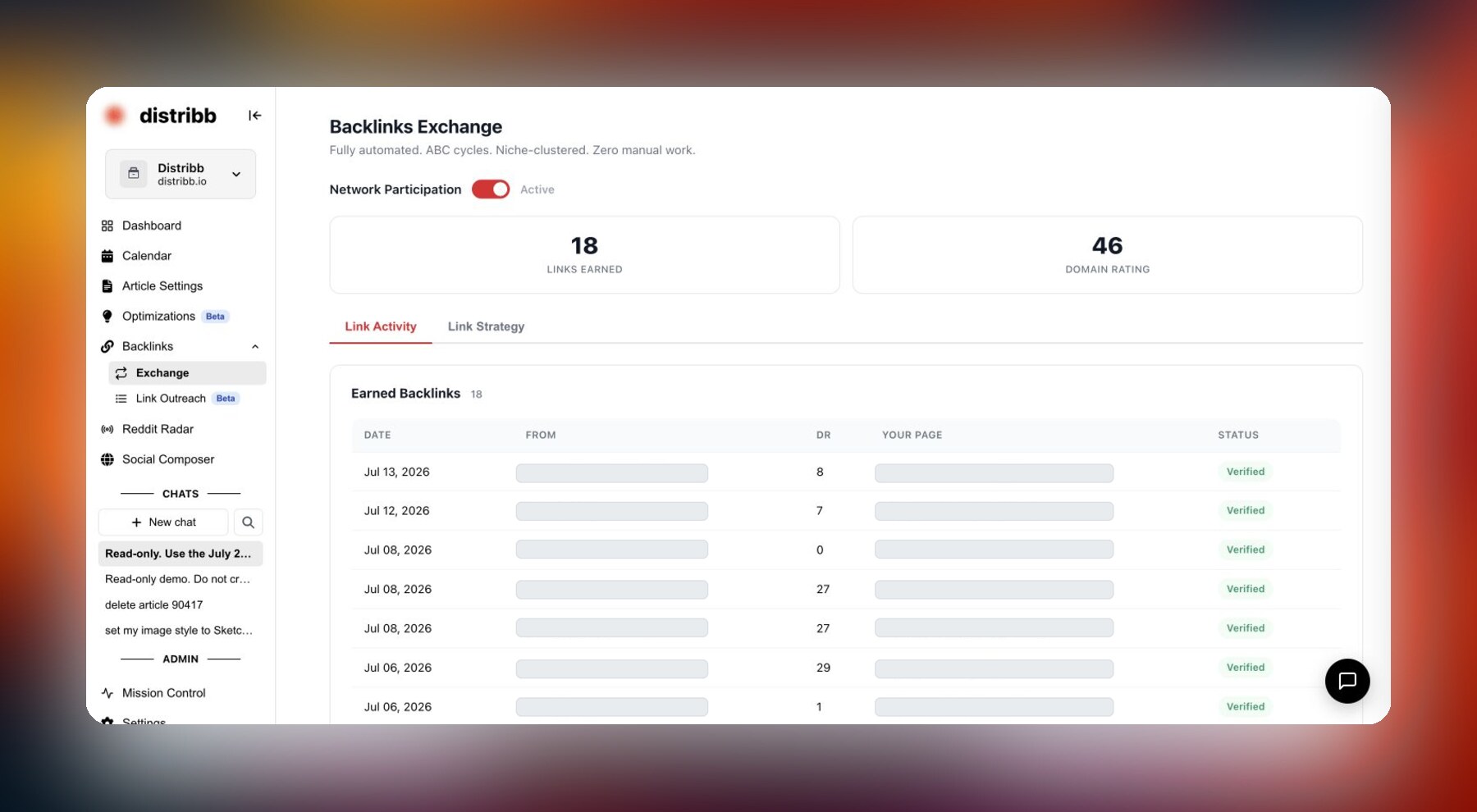 Distribb backlink exchange showing verified links earned, with website URLs redacted for privacy